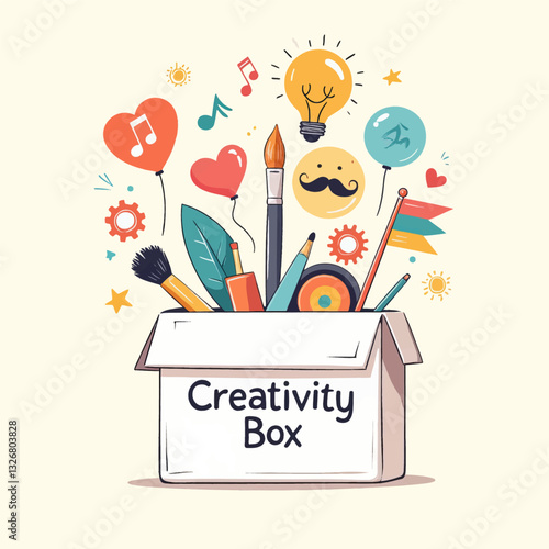 "Creativity Box" with art supplies, heart balloons, light bulb