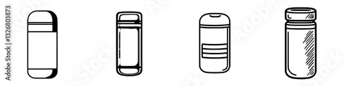 Various designs of reusable containers for drinks and food displayed on a plain background