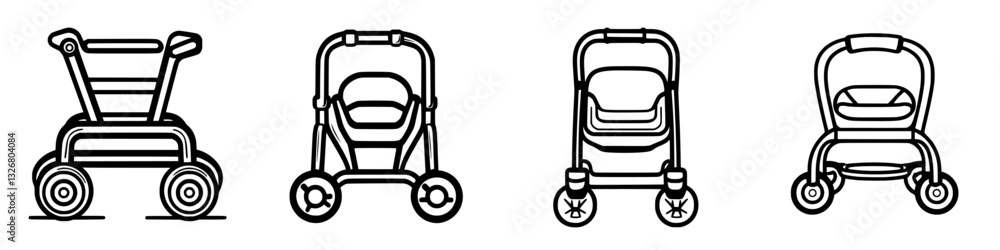 Different designs of baby strollers displayed side by side for comparison in a minimalist style Different designs of baby strollers displayed side by side for comparison in a minimalist style