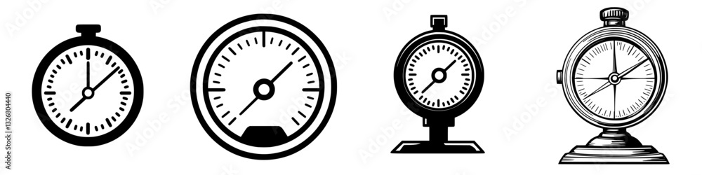 Various styles of clocks and measuring devices displayed side by side in a minimalist design Various styles of clocks and measuring devices displayed side by side in a minimalist design