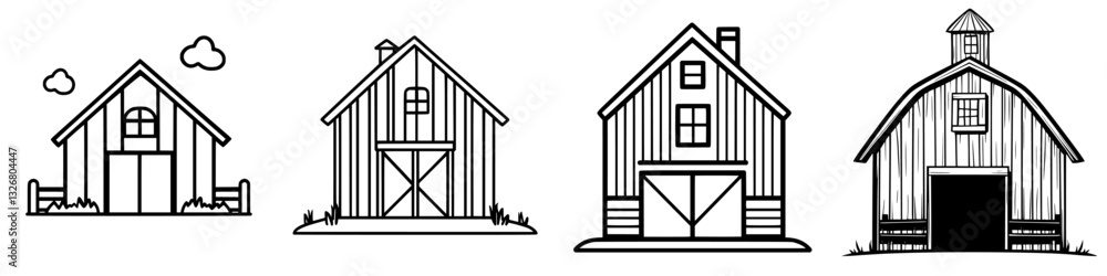 Different styles of barns illustrated in black and white showcasing rural architecture and farming traditions Different styles of barns illustrated in black and white showcasing rural architecture and farming traditions