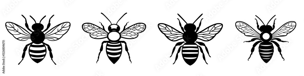 Different styles of bees represented in black and white drawings showcasing diversity in appearance and features Different styles of bees represented in black and white drawings showcasing diversity in appearance and features