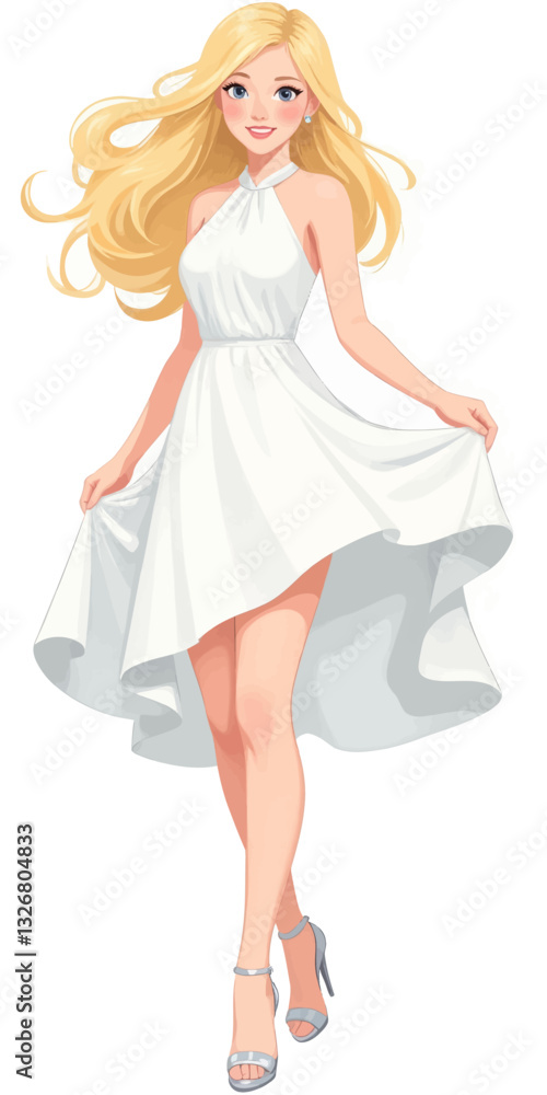 Blonde Woman in White Dress with Silver Heels Blonde Woman in White Dress with Silver Heels