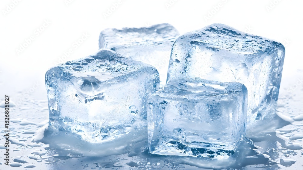 Close Up of Several Clear Ice Cubes Melting on a Bright Surface Creating a Refreshing Atmosphere Close Up of Several Clear Ice Cubes Melting on a Bright Surface Creating a Refreshing Atmosphere
