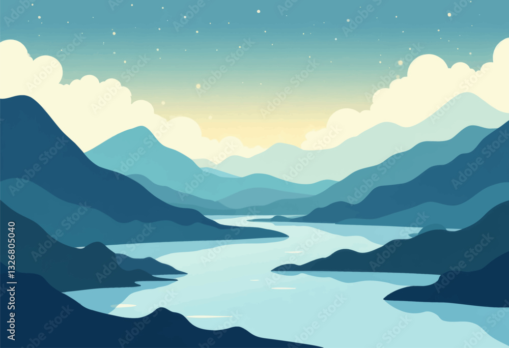 Blue Mountain Range with River and Starry Sky Blue Mountain Range with River and Starry Sky