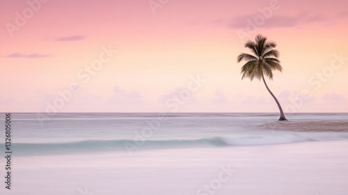 Solitary Palm Tree on Tranquil Beach at Sunset with Gentle Waves and Soft Pink Sky