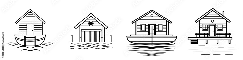 Different styles of boat houses and floating homes designed beautifully on water during sunny weather Different styles of boat houses and floating homes designed beautifully on water during sunny weather