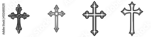 Decorative cross designs displayed in a row showcasing intricate patterns and shapes suitable for religious or artistic expression