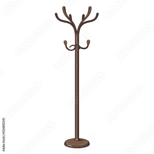 Brown metal standing coat rack on white