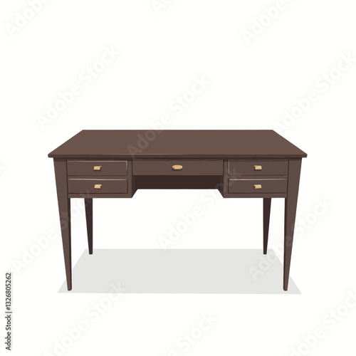 Brown desk with drawers on white background