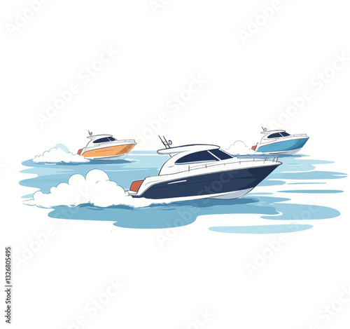 Cartoon: Three boats speeding on water, white background