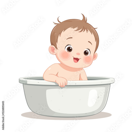 Cartoon baby with rosy cheeks in a white tub smiling