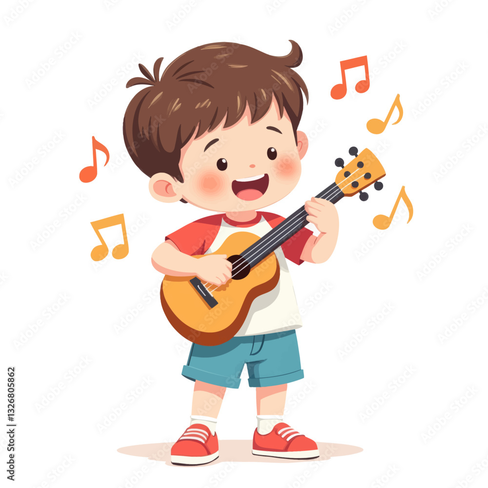 Cartoon Boy Playing Ukulele with Music Notes Cartoon Boy Playing Ukulele with Music Notes