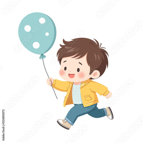 Cartoon Boy Running With Blue Balloon and Yellow Jacket