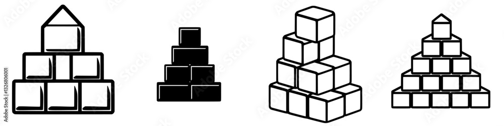 Blocks of various shapes and sizes arranged in pyramid formations on a plain background Blocks of various shapes and sizes arranged in pyramid formations on a plain background