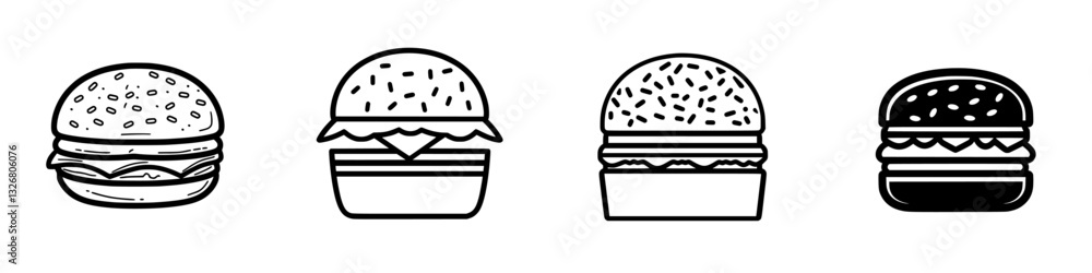 Four distinct hamburger designs showcasing different styles and toppings in a minimalist artistic format Four distinct hamburger designs showcasing different styles and toppings in a minimalist artistic format