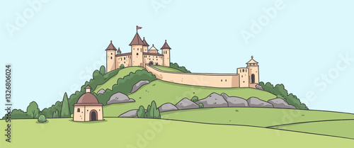 Cartoon Castle on Hill with Guard Wall and Stone Outcropping