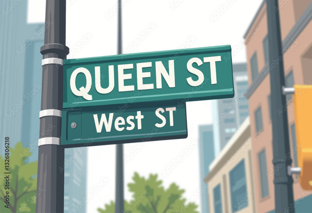 Cartoon city intersection with Queen and West street signs Cartoon city intersection with Queen and West street signs