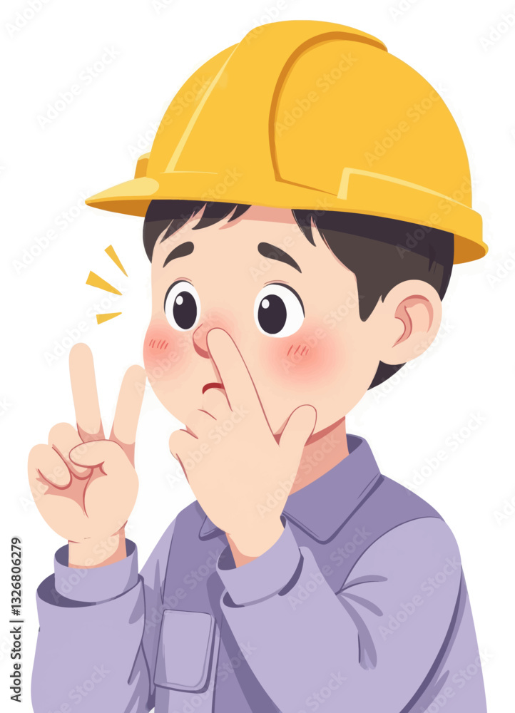 Cartoon construction worker picks nose, gives peace sign Cartoon construction worker picks nose, gives peace sign