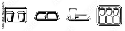 Cafeteria trays featuring beverages and food containers set in a casual dining environment