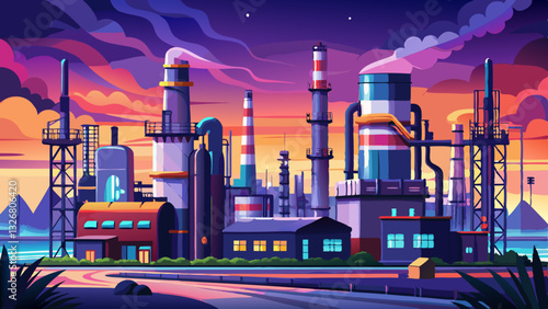 Oil refinery working at twilight with city lights in background