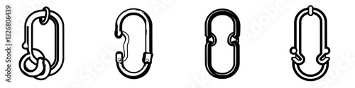 Various types of metal carabiners displayed in a row showcasing different designs and functionalities for outdoor activities