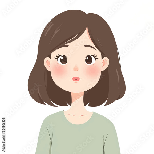 Cartoon girl with bob haircut, rosy cheeks, and green shirt