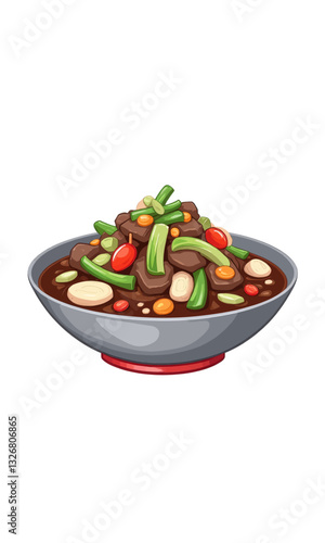 Cartoon Gray Bowl of Beef Stew and Vegetables