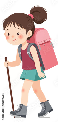 Cartoon girl hiking with walking stick and pink backpack