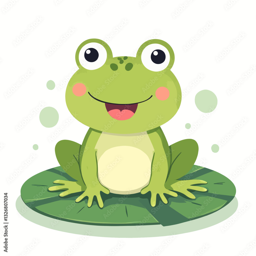 Cartoon Green Frog on Lily Pad Smiling happily Cartoon Green Frog on Lily Pad Smiling happily