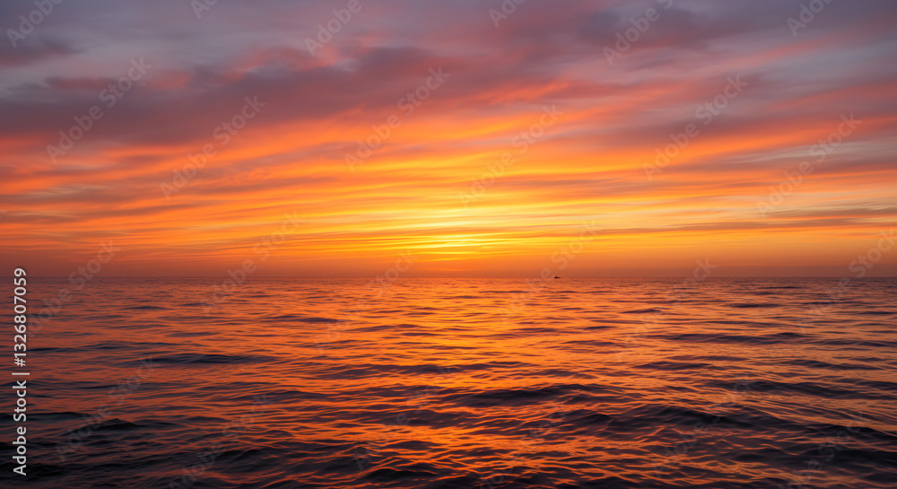 Fototapeta premium A stunning sunset over the ocean, with warm orange and pink hues reflecting on the water.