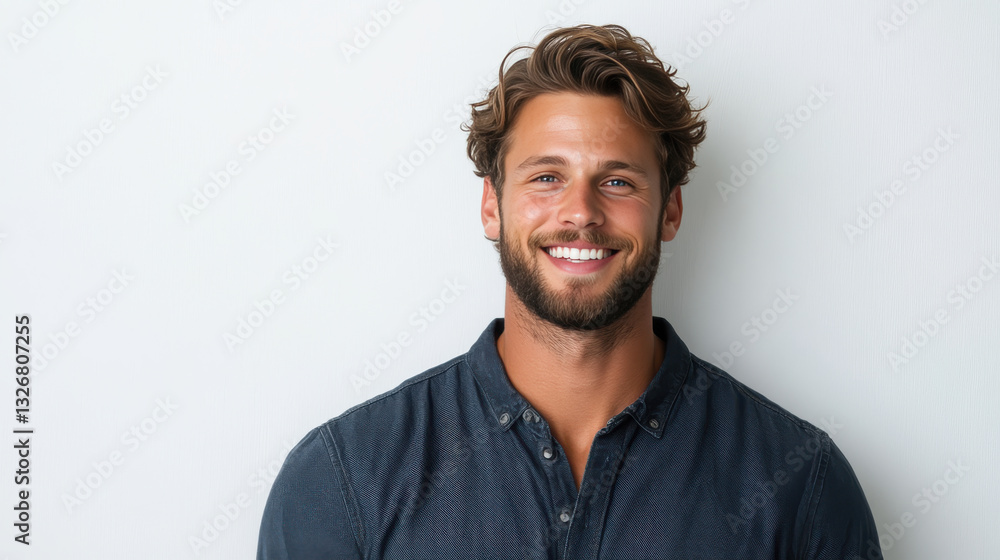 Obraz premium smiling man with curly hair and beard, wearing casual shirt against light background.