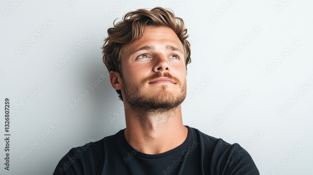 Obraz premium young man with wavy hair and beard, looking thoughtfully upwards against light background.