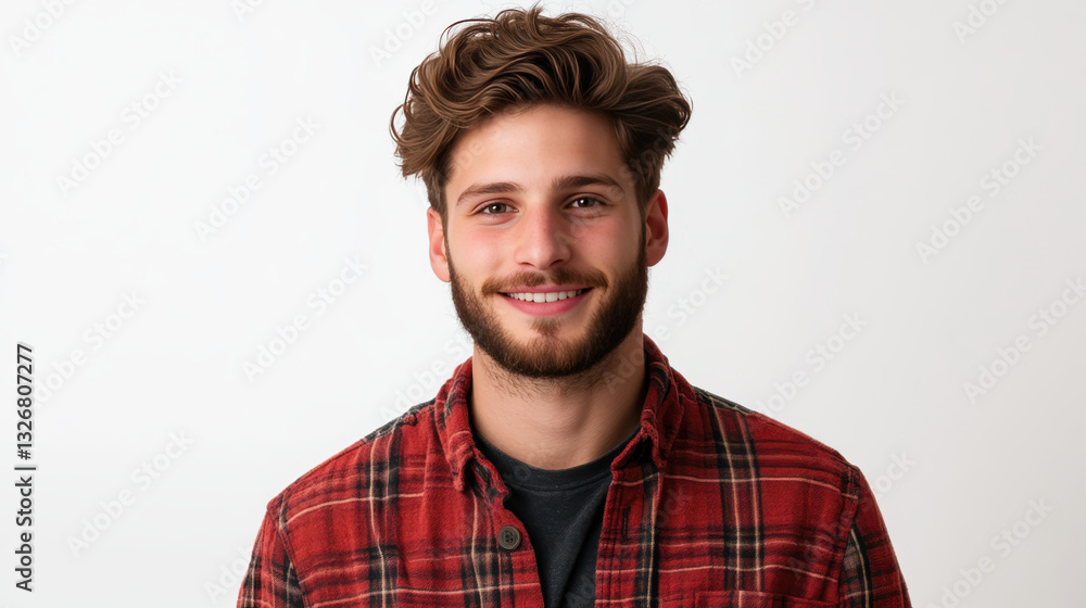 smiling man with curly hair wearing plaid shirt, exuding confidence and warmth. smiling man with curly hair wearing plaid shirt, exuding confidence and warmth.