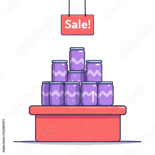 Cartoon sale display of canned goods on a table