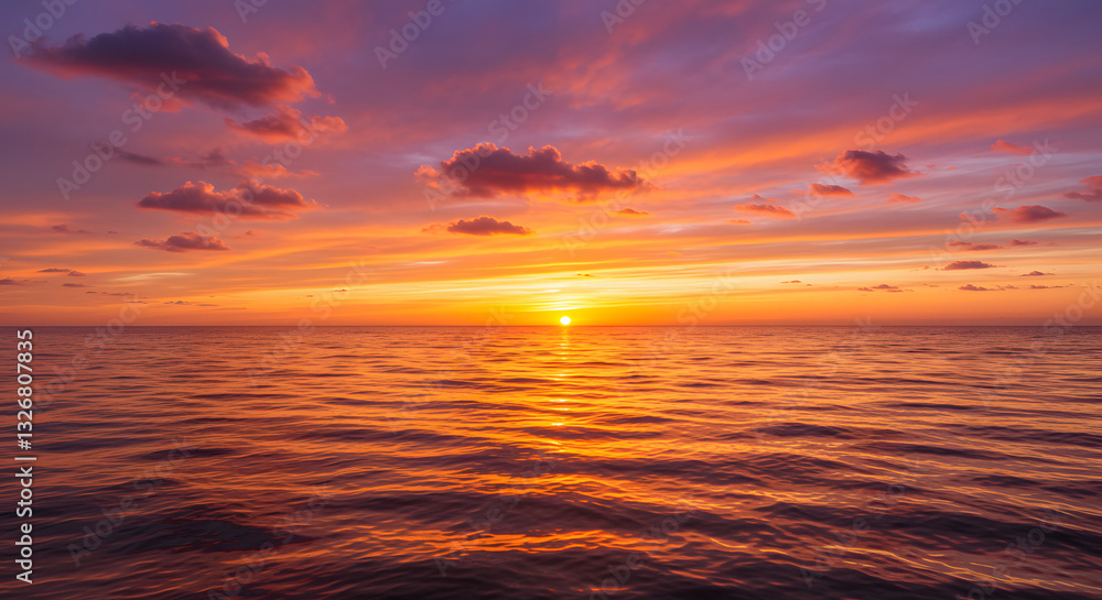 Fototapeta premium A stunning sunset over the ocean, with warm orange and pink hues reflecting on the water.