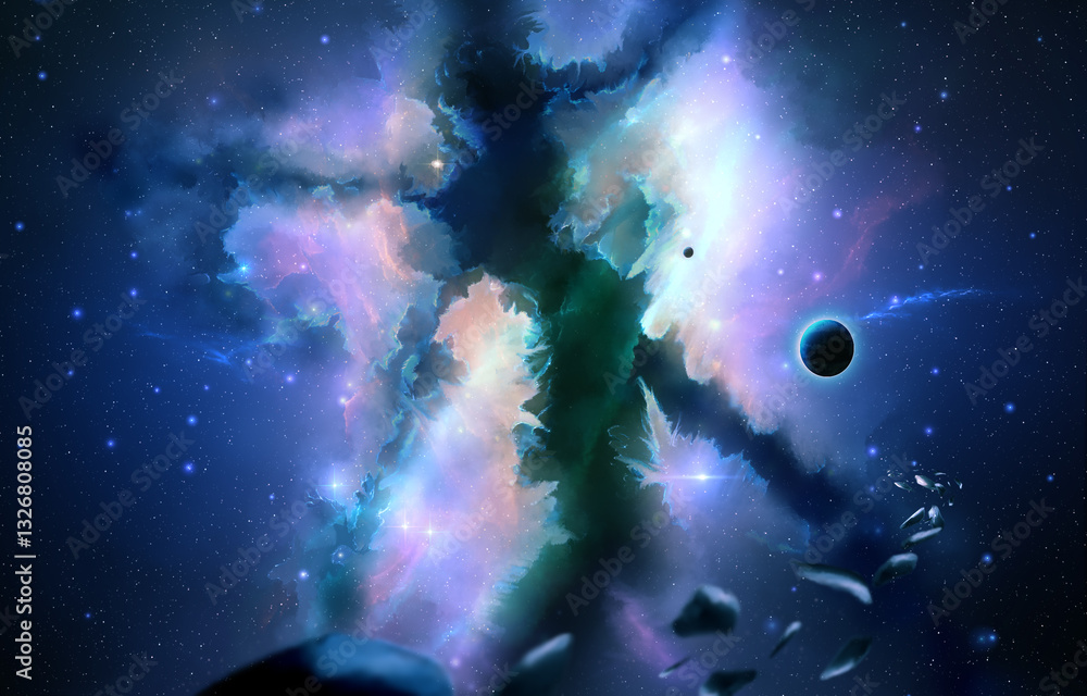 panoramica su un ambiente spaziale di fantasia disegnato a mano, con una grande nebulosa con sfumature di colori chiari e scuri e qualche pianeta lontano