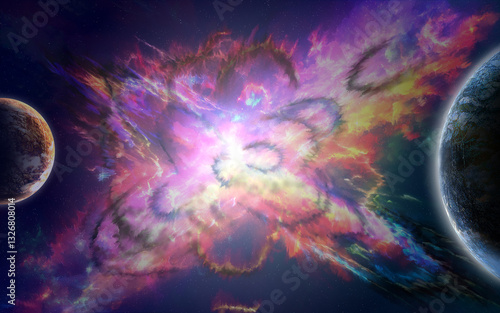 Obraz na płótnie disegno digitale di fantasia che rappresenta con una panoramica un'esplosione di una stella nello spazio cosmico che diventa una vastissima nebulosa dai colori misti w salonie