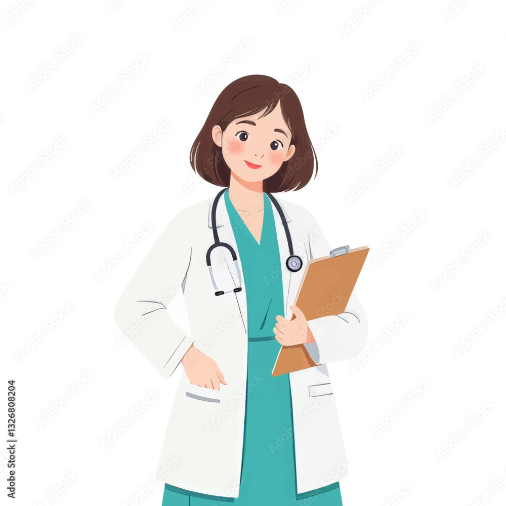 Cartoon Woman Doctor Holding Clipboard and Wearing Stethoscope Cartoon Woman Doctor Holding Clipboard and Wearing Stethoscope