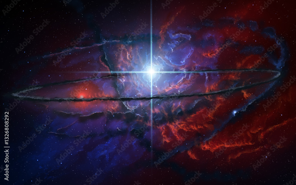 disegno digitale di fantasia che rappresenta con una panoramica una vastissima nebulosa nello spazio cosmico dai colori misti di rosso e blu con al centro una stella azzurra