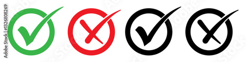 Check mark and cross icons in green, red, and black colors. Symbols for correct, wrong, approval, rejection, and decision making in a simple, minimal style. Checkmark, cross mark, tick, icons, vector.