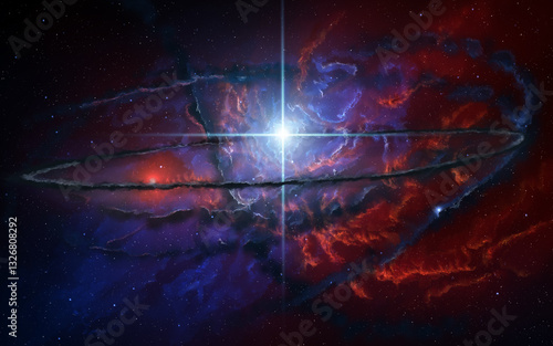 Obraz na płótnie disegno digitale di fantasia che rappresenta con una panoramica una vastissima nebulosa nello spazio cosmico dai colori misti di rosso e blu con al centro una stella azzurra w salonie