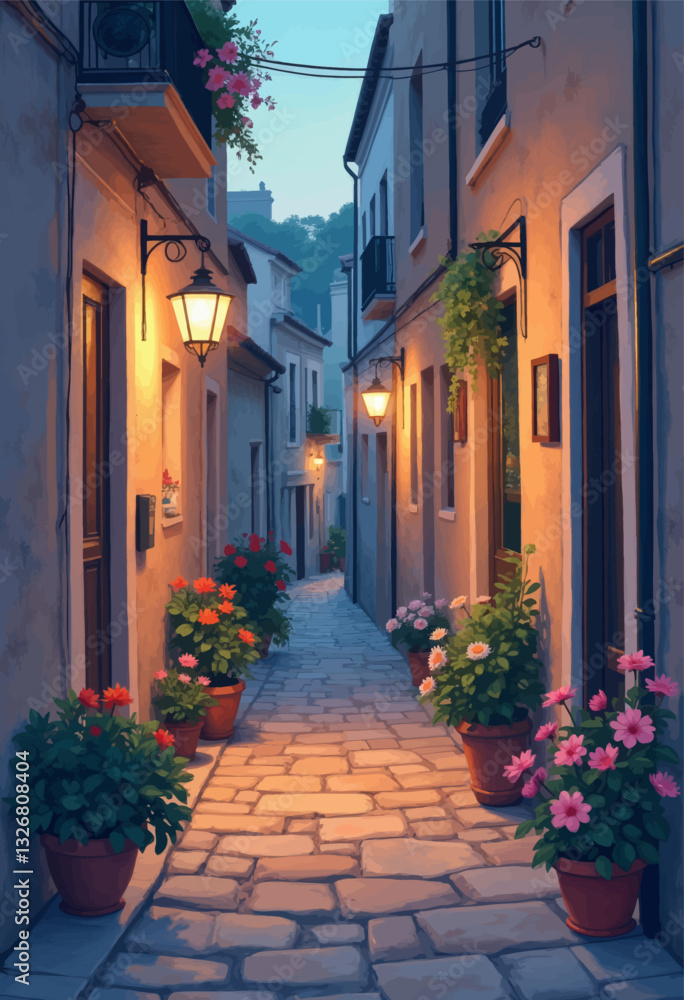 Fototapeta premium Charming Italian Alleyway with Potted Flowers and Warm Lights