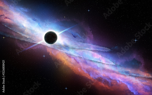 Obraz na płótnie quadro di fantasia, fatto a mano, che rappresenta con una panoramica un ambiente nello spazio cosmico con un pianeta solitario in primo piano ed una nebulosa dai tanti colori vivaci sullo sfondo w salonie