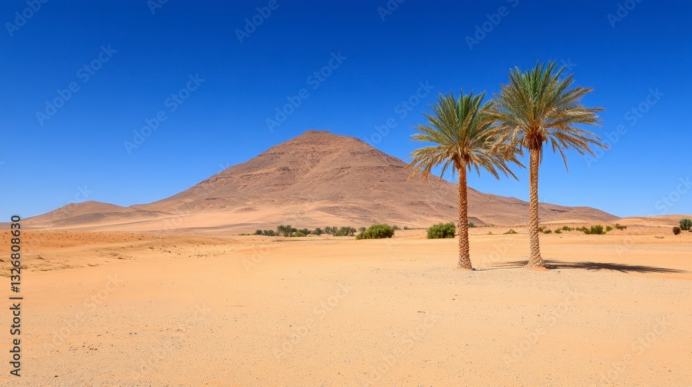 Two palm trees stand in a sandy desert landscape under a clear blue sky, with a tan colored mountain in the background. Two palm trees stand in a sandy desert landscape under a clear blue sky, with a tan colored mountain in the background.