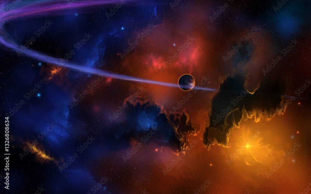 disegno digitale di fantasia che rappresenta con una panoramica una vastissima nebulosa dai colori misti di rosso e blu, nello spazio cosmico, con una stella vicina di lato di colore giallo