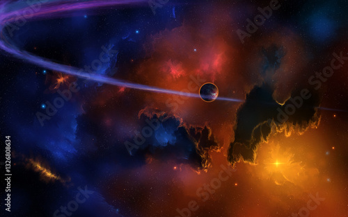 Obraz na płótnie disegno digitale di fantasia che rappresenta con una panoramica una vastissima nebulosa dai colori misti di rosso e blu, nello spazio cosmico, con una stella vicina di lato di colore giallo w salonie