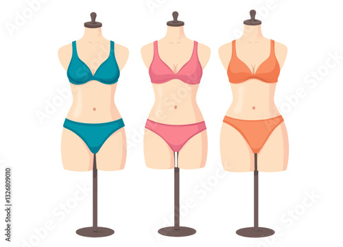 Colorful bra and panty sets on three mannequins