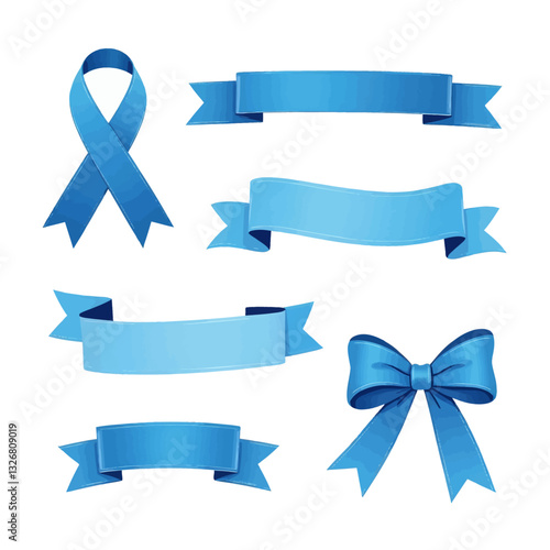Collection of blue ribbon banners and a looped awareness ribbon