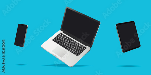 Flying laptop, cellphone and tablet pc mockup